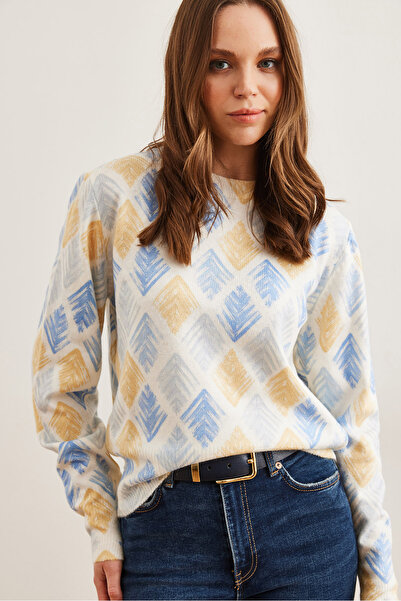 Olalook Yellow Diamond Pattern - Soft Textured Premium Knitwear Women's Sweaterkzk- 19000611