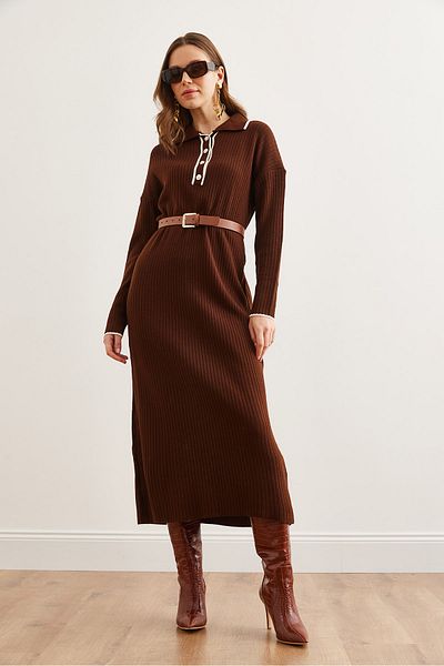 Olalook Γυναικείο Bitter Brown Polo λαιμόκοψη ριγέ Λεπτομερές Maxi Πλεκτό ΦόρεμαELB- 19002309