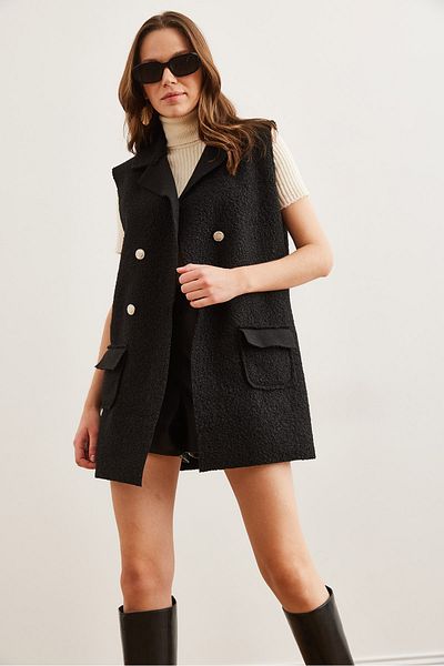 Olalook Schwarze Boucle-Weste mit Knöpfen und Taschen für DamenYLK- 19000050