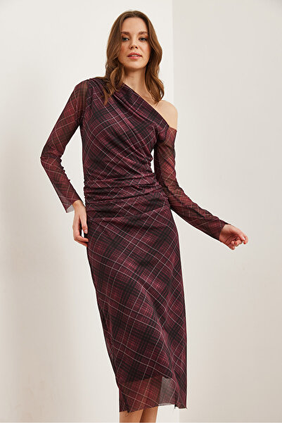 Olalook Women's Burgundy One Shoulder Lined Plaid Maxi Tulle Dresselb- 19002311