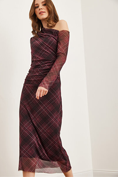 Olalook Women's Burgundy One Shoulder Lined Plaid Maxi Tulle Dresselb- 19002311