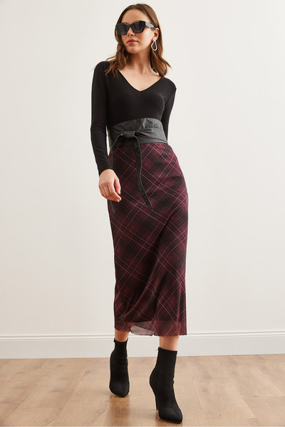 Olalook Women's Burgundy Lined Plaid Tulle Skirtetk- 19000289