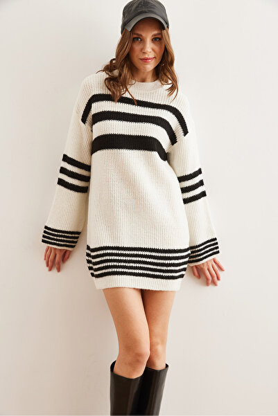 Olalook Kadın Siyah Çizgi Detaylı Yumuşak Dokulu Triko Tunik ElbiseELB-19002282