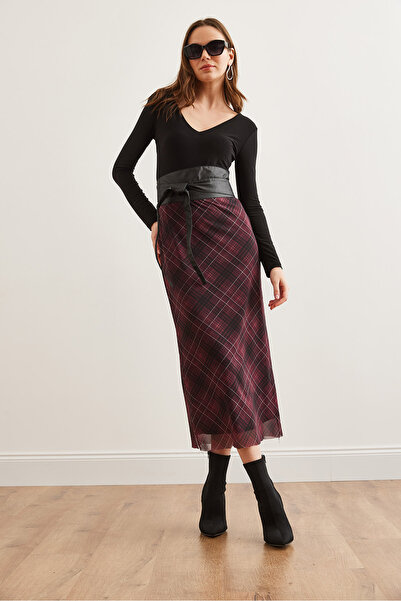 Olalook Women's Burgundy Lined Plaid Tulle Skirtetk- 19000289