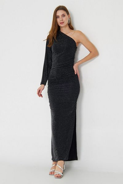 Trendyol Collection One Sleeve Anthracite Knitted Midi Dress - Glitter Detail Tpraw25El00167