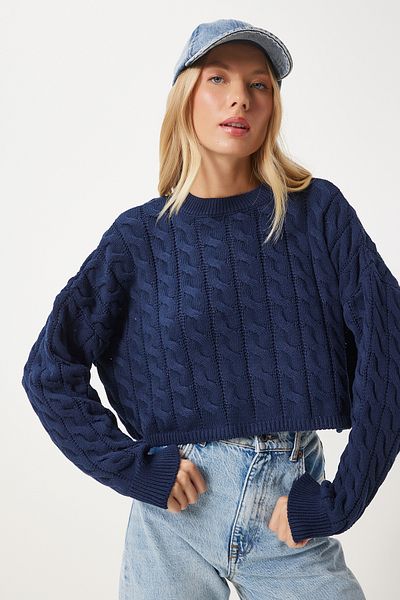 Happiness İstanbul Navy Blue Knit Motif Sweater - Crew Neck Mx00169