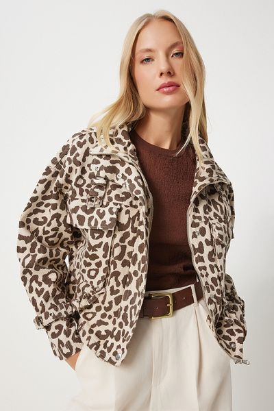 Happiness İstanbul Beige und braune Gabardine-Jacke für Damen mit Leopardenmuster – SA00031