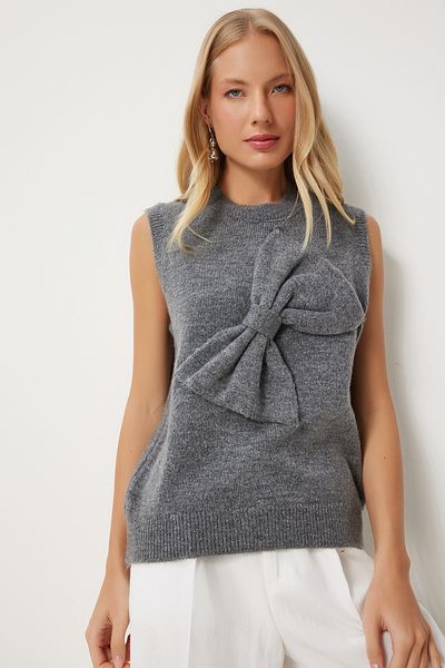 Happiness İstanbul Anthrazitfarbener Strick-Damenpullover – Schleifendetail, PF00083