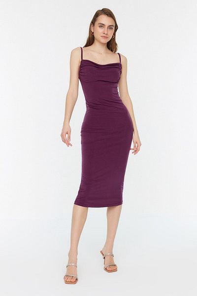 Trendyol Collection Rochie midi tip creion tricotată flexibilă cu guler Degaje de culoare liliac TWOSS19AD0020