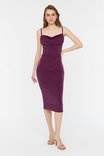 Trendyol Collection Rochie midi tip creion tricotată flexibilă cu guler Degaje de culoare liliac TWOSS19AD0020