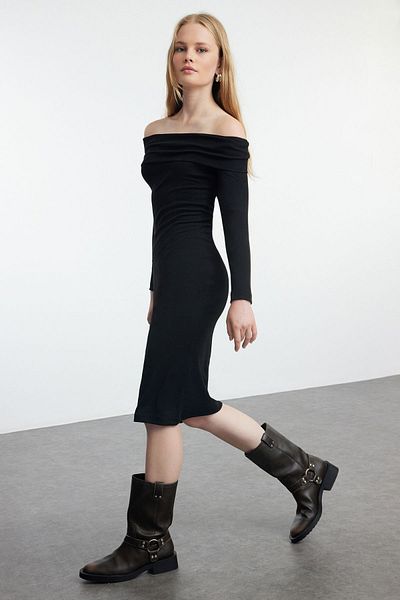 Trendyol Collection Μίνι πλεκτό φόρεμα με ελαστικό κορδόνι μαύρο - Εφαρμογή στο σώμα, TWOAW25EL00104