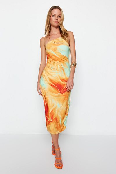 Trendyol Collection Oranges Midi-Bleistiftkleid aus Strick mit verstellbaren Trägern und einer Schulter - TWOSS23EL01577