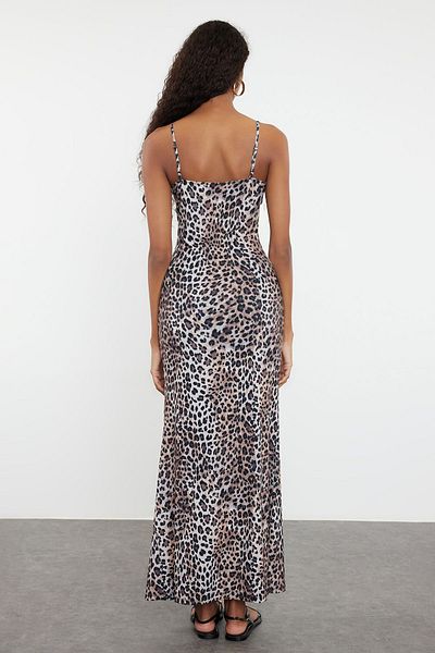 Trendyol Collection Кафява леопардова шарка - права макси рокля с презрамки TWOSS23EL02435