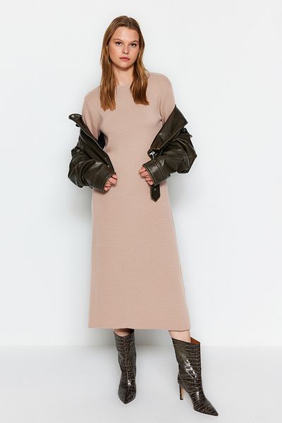 Trendyol Modest Bézs sima kötöttáru ruha TCTAW24EB00131