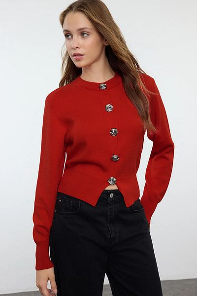 Trendyol Collection Dark Red Premium Yarn/Special Yarn Crop Rose Button Jacket Look Knitwear Cardigan Twoaw25Hi00110