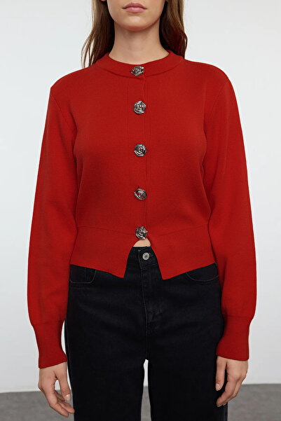 Trendyol Collection Dark Red Premium Yarn/Special Yarn Crop Rose Button Jacket Look Knitwear Cardigan Twoaw25Hi00110