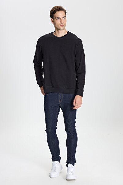 George Henry Ανδρικό μαύρο φούτερ με 3 κλωστές, ζεστό βαμβακερό κανονικό φόρεμα με λαιμόκοψη