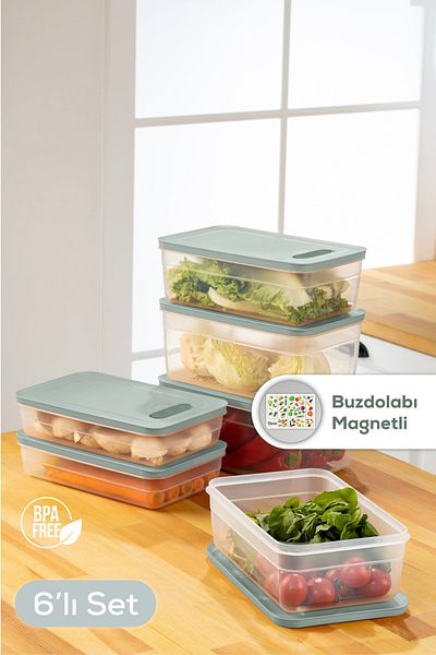 Vienev Mint Colored 6-Piece Adjustable Vegetable and Fruit Storage Set - 2.5-3.8-5 Liters