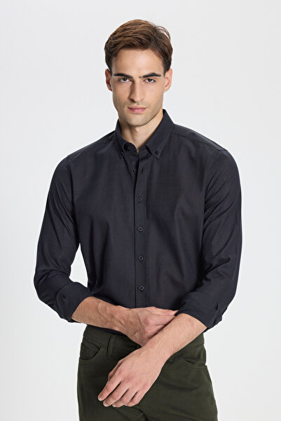 George Henry Ανδρικό μαύρο πουκάμισο με λινό γιακά με κουμπιά 100% βαμβακερή λεπτή εφαρμογή