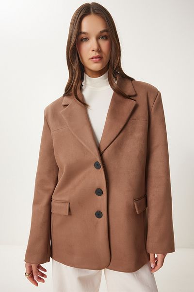 Happiness İstanbul Nerzfarbene Premium-Wildleder-Blazerjacke für Damen FN03443
