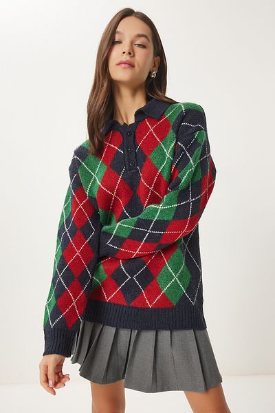 Happiness İstanbul Women's Navy Blue Green Diamond Patterned Knitwear Sweater Fn03447