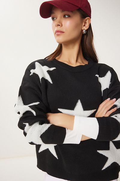 Happiness İstanbul Women's Black Star Embroidered Oversize Knitwear Sweater Vn00023