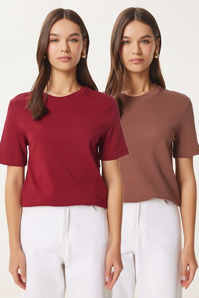 Happiness İstanbul Burgunderbraunes Basic-T-Shirt aus Baumwolle, 2er-Pack – AG00002