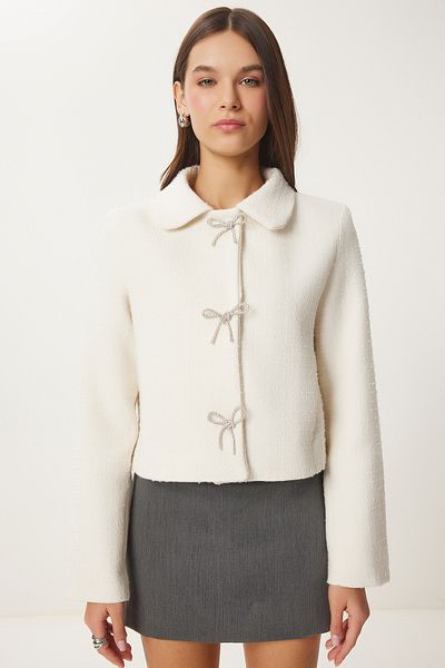 Happiness İstanbul Women's Bone Stilvolle Tweed-Jacke mit Schleifendetail TO00160