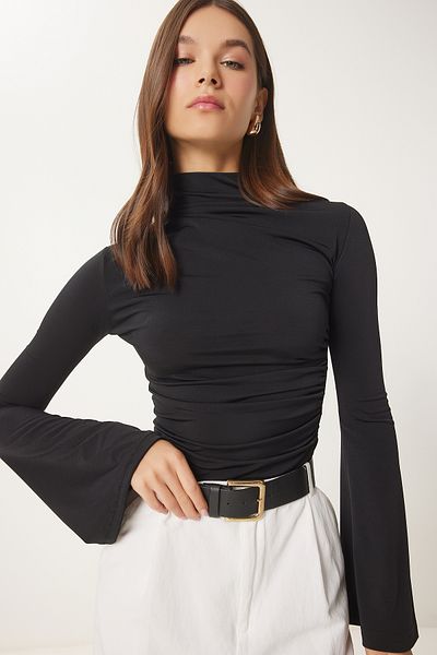 Happiness İstanbul Schwarze Sandy-Strickbluse mit spanischen Ärmeln für Damen EN00634