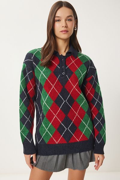 Happiness İstanbul Women's Navy Blue Green Diamond Patterned Knitwear Sweater Fn03447