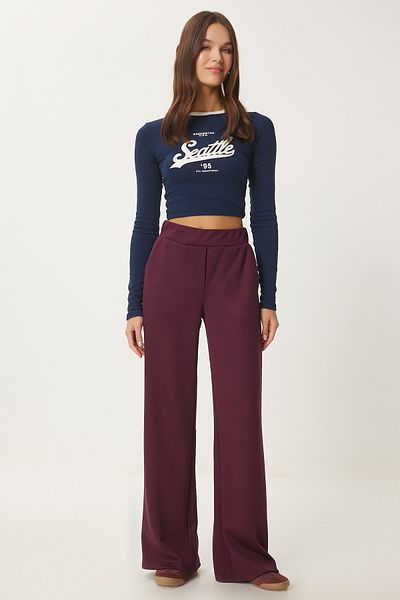 Happiness İstanbul Bequeme Damen-Interlock-Hose mit weitem Bein in Burgunderrot UB00296