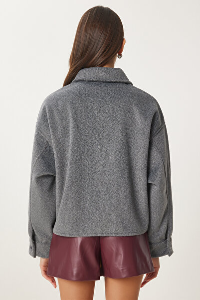 Happiness İstanbul Dámská antracitová měkká bunda se širokými kapsami Fn03445