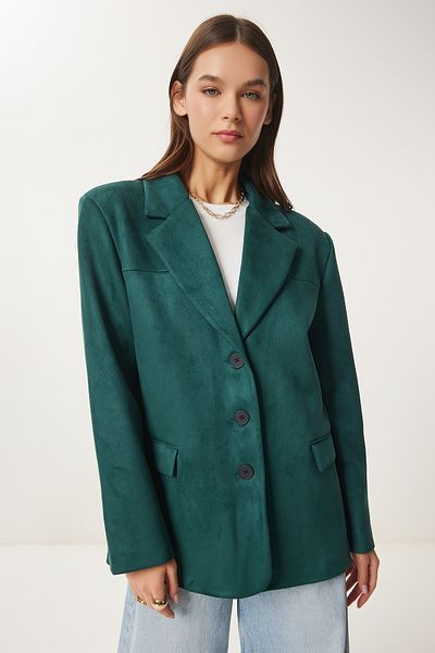 Happiness İstanbul Smaragdgrüne Premium-Wildleder-Blazerjacke für Damen FN03443