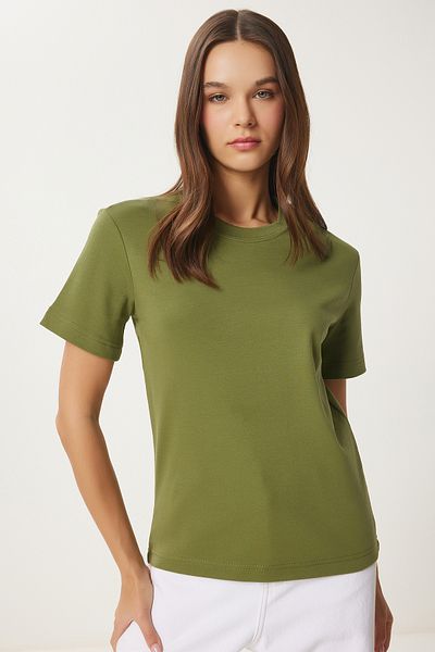 Happiness İstanbul Grünes Basic-Strick-T-Shirt für Damen aus Baumwolle AG00001