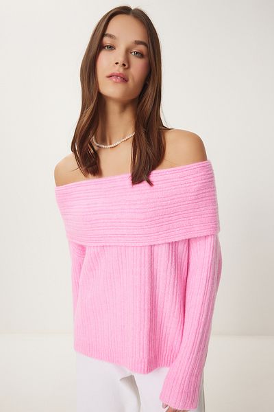 Happiness İstanbul Damen-Strickpullover mit Madonna-Kragen in Bonbonrosa PF00049
