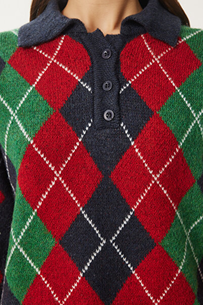 Happiness İstanbul Női sötétkék zöld gyémánt mintás kötöttáru pulóver FN03447