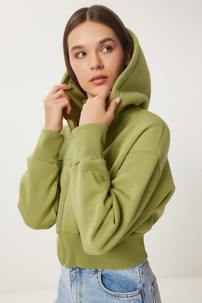 Happiness İstanbul Hanorac pentru femei, verde fistic, cu glugă, cu fermoar, OW00051