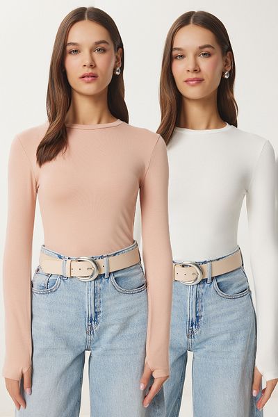 Happiness İstanbul Women's Biscuit Ecru 2 Pack Crew Neck Basic Knitted Blouse Cr00440