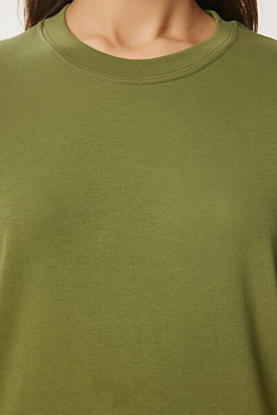 Happiness İstanbul Γυναικείο Πράσινο Βαμβακερό Πλεκτό T-Shirt AG00001