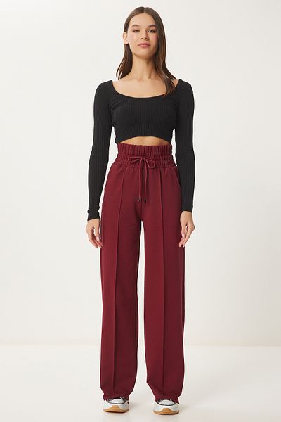 Happiness İstanbul Burgunderfarbene Basic-Strick-Jogginghose mit Taschen für Damen XR00018