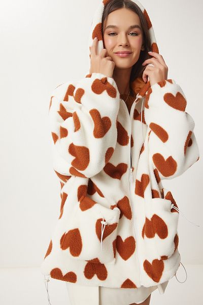 Happiness İstanbul Ecru Heart Plush Coat - Hooded, Women'S, Biscuit Ri00001