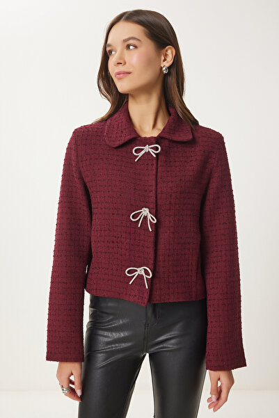 Happiness İstanbul Dámská vínová stylová tvídová bunda s mašlí To00160