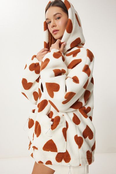 Happiness İstanbul Ecru Heart Plush Coat - Hooded, Women'S, Biscuit Ri00001