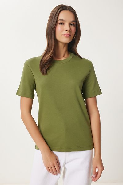 Happiness İstanbul Grünes Basic-Strick-T-Shirt für Damen aus Baumwolle AG00001