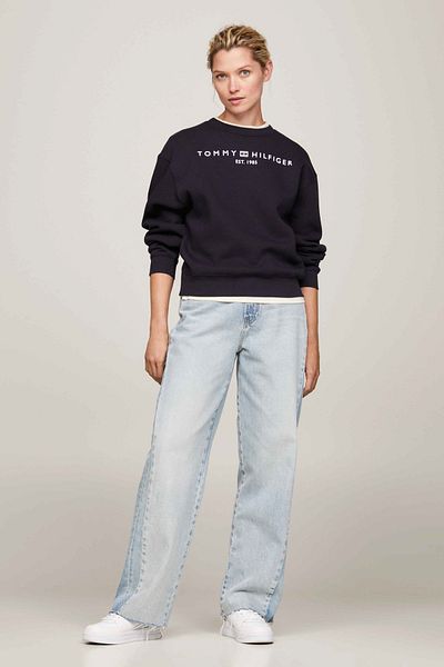 Tommy Hilfiger Nyakú nyomtatott sötétkék női pulóver MDRN REG CORP LOGO C-NK SWTSHRT