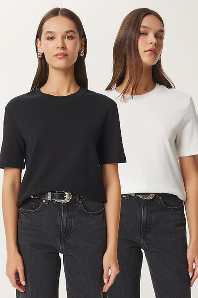 Happiness İstanbul Schwarz-weißes 2-teiliges Basic-Strick-T-Shirt aus Baumwolle für Damen AG00002