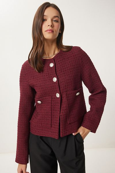 Happiness İstanbul Burgunderrote geknöpfte Tweedjacke für Damen WF00048