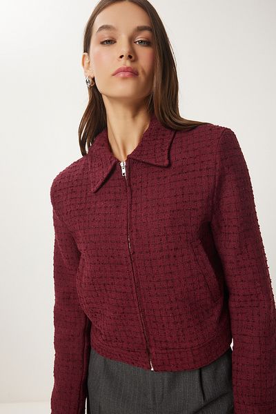 Happiness İstanbul Burgunderrote Tweedjacke mit Reißverschluss und Hemdkragen für Damen WF00069