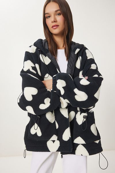 Happiness İstanbul Women's Black and White Hooded Heart Plush Coat Ri00001