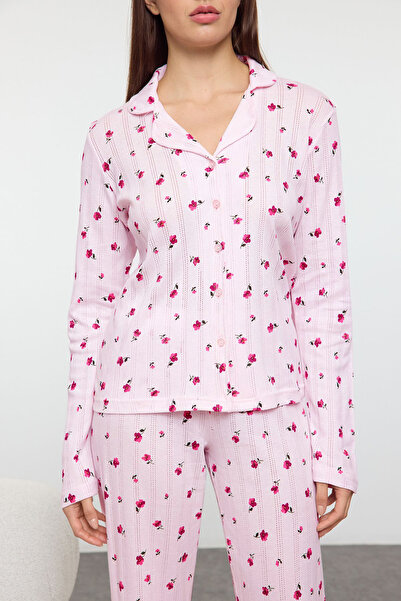 Trendyol Collection 100% Cotton Pink Floral Print Ribbed Pajamas Set - Openwork/Hole Thmaw25Pt00057
